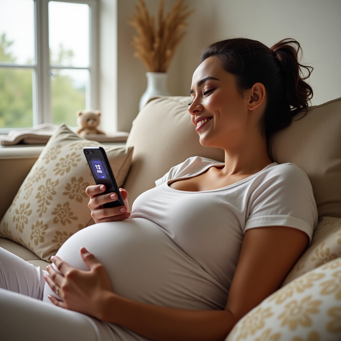 Pregnant woman using OneTwo9 kick counter app while relaxing at home